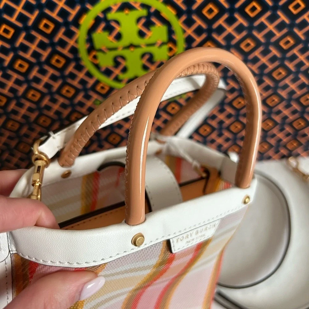 Tory Burch Mini Perry Mesh Tote Canyon Flower Plaid White Pink Tan Yellow Gold